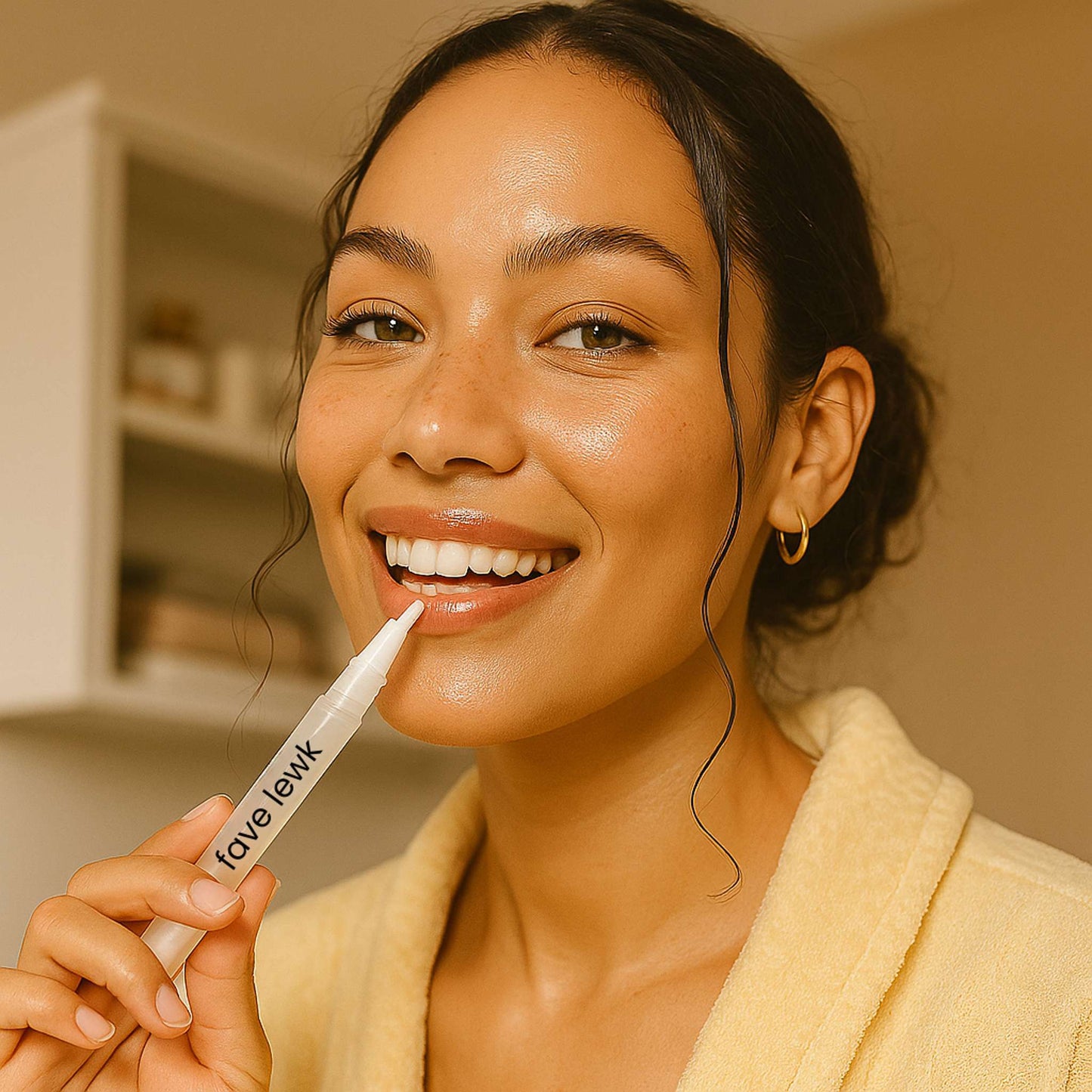 Close-up of woman using Fave Lewk Glow Gel Pen for fast, at-home teeth whitening with a radiant smile