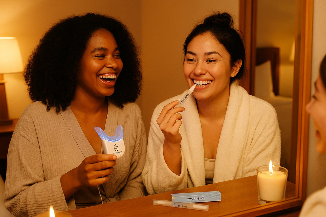 Two women using the Fave Lewk Glow Gel Pen and LED whitening device as part of their at-home smile care routine, showing how to whiten teeth and brighten your smile without giving up coffee, wine, or smoking