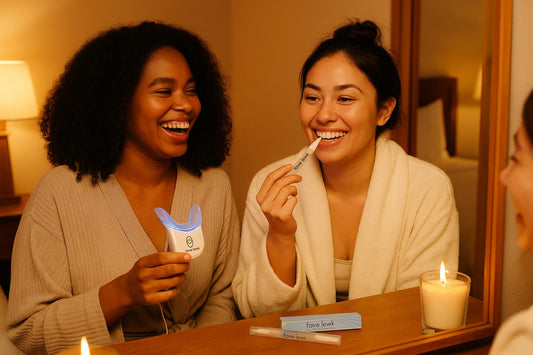 Two women using the Fave Lewk Glow Gel Pen and LED whitening device as part of their at-home smile care routine, showing how to whiten teeth and brighten your smile without giving up coffee, wine, or smoking