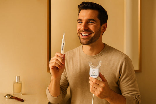 A smiling man using the Fave Lewk Glow Gel Pen and LED Smile Kit during his teeth whitening routine to get smile-ready for a special event