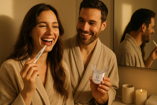 Couple enjoying their smile care routine together using the Fave Lewk Glow Gel Pen and LED Smile Kit, showing an easy at-home teeth whitening process that builds confidence and brightens smiles