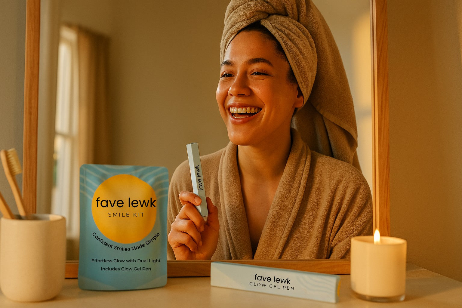 Woman smiling confidently after using the Fave Lewk Smile Kit and Glow Gel Pen, showcasing an effortless at-home teeth whitening routine