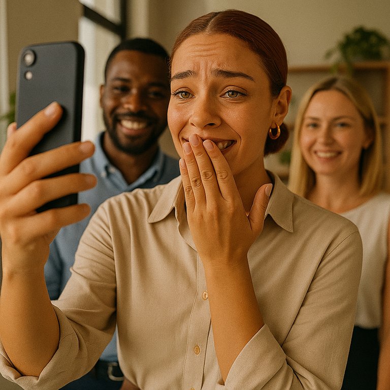 Young woman hesitating to smile in group office selfie, hiding teeth with hand – Fave Lewk