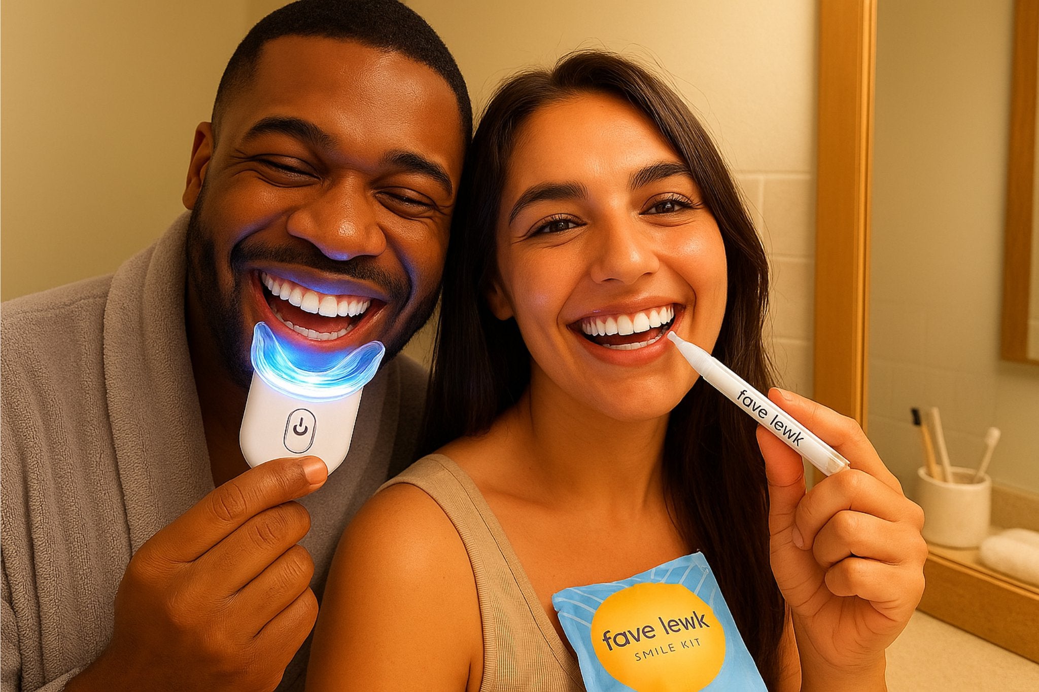 Smiling couple using Fave Lewk LED Smile Kit and Glow Gel Pen during bathroom self-care routine for brighter smiles in 5 days