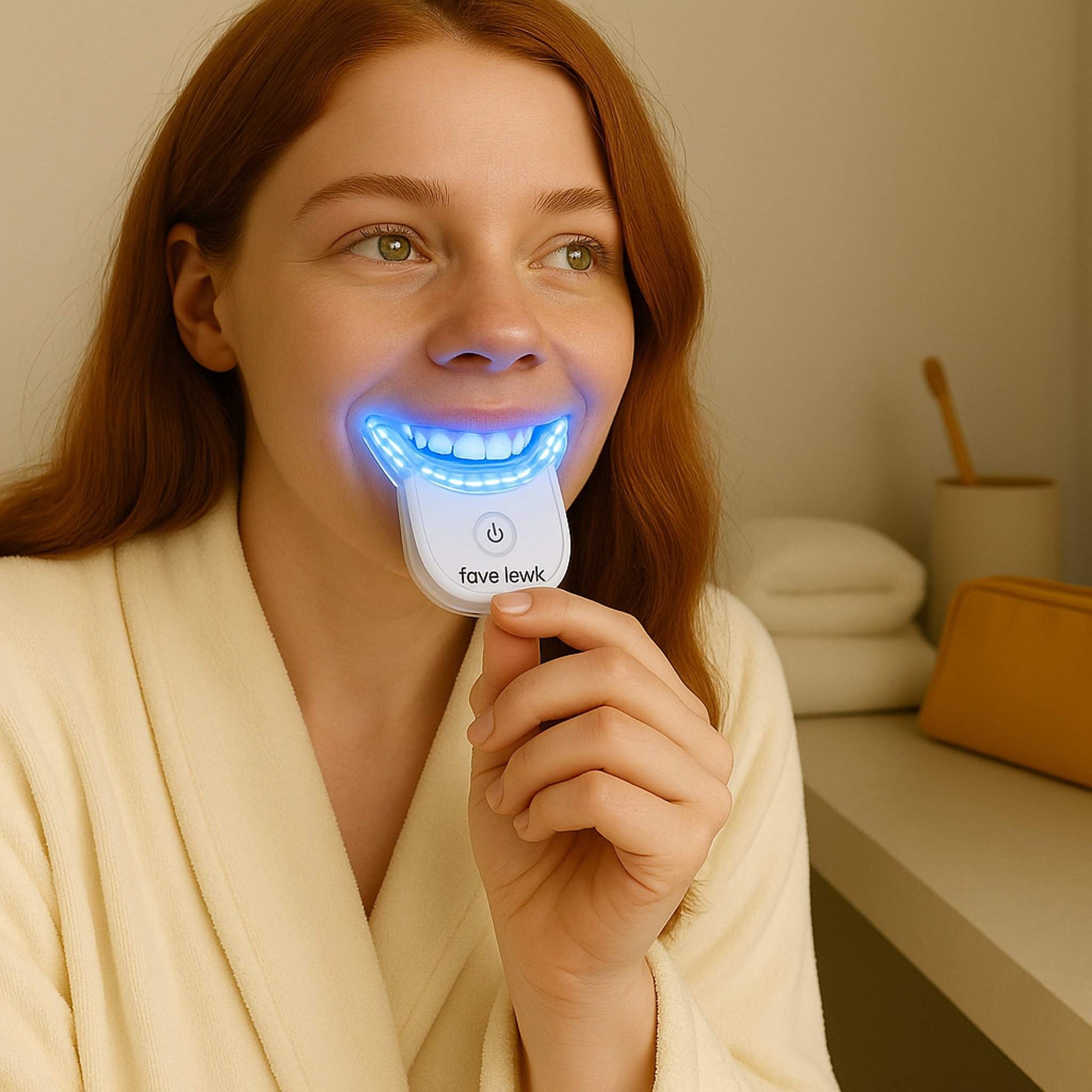 Close-up of woman using Fave Lewk LED Smile Kit with blue light for at-home teeth whitening treatment