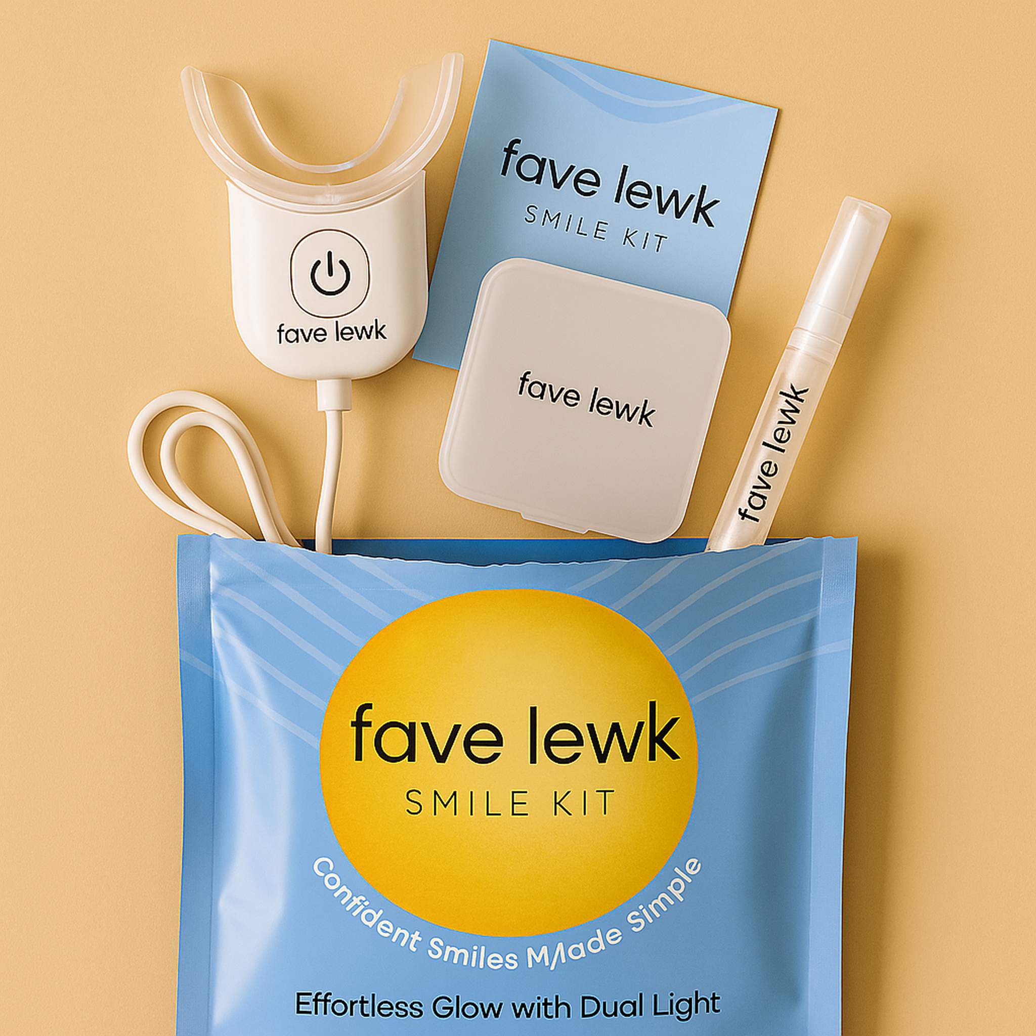 Fave Lewk Smile Kit with dual light technology, teeth whitening gel pen, LED mouthpiece, and travel case for confident smiles at home