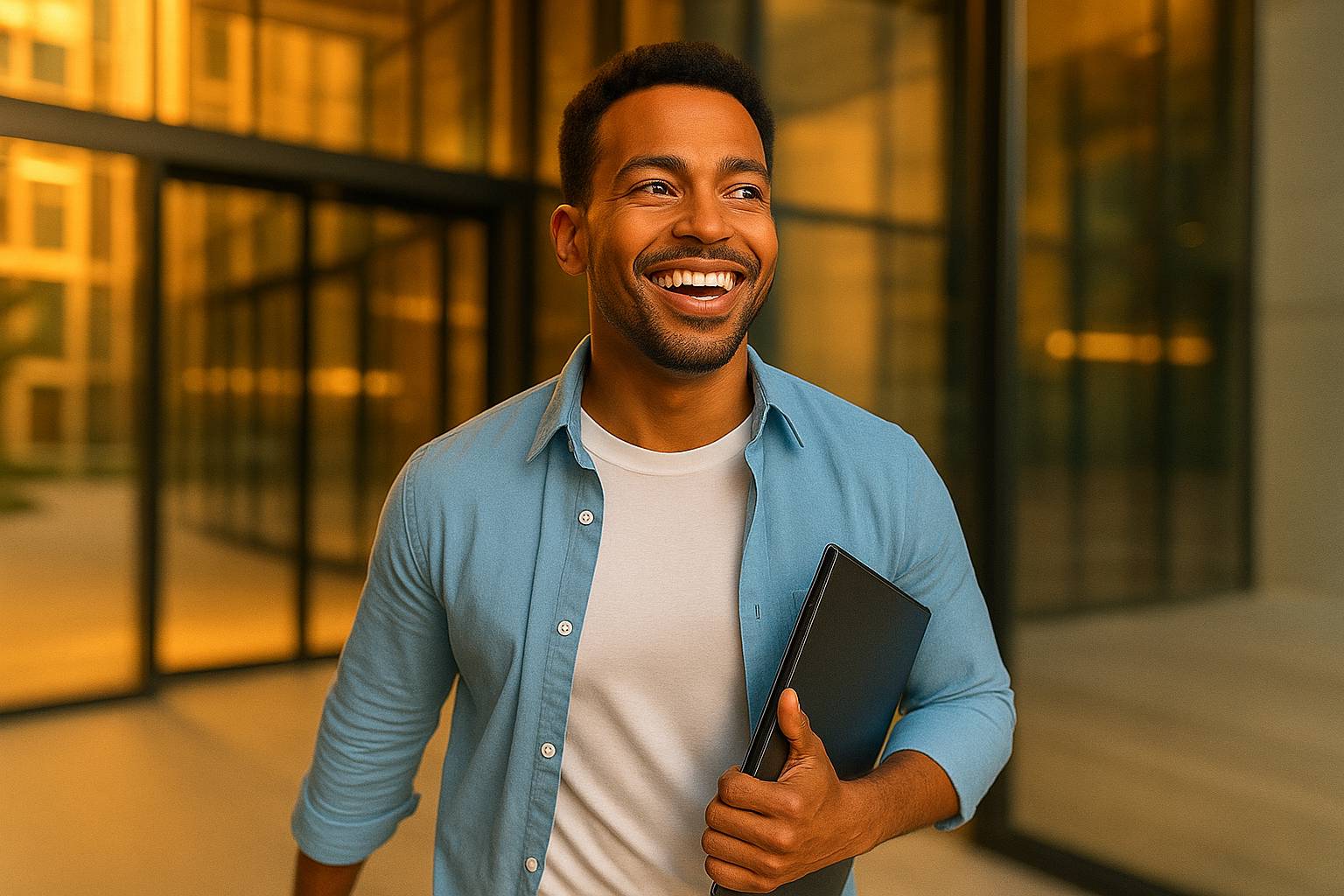 Man walking confidently into a meeting, smiling with bright white teeth after using Fave Lewk Smile Kit for at-home teeth whitening