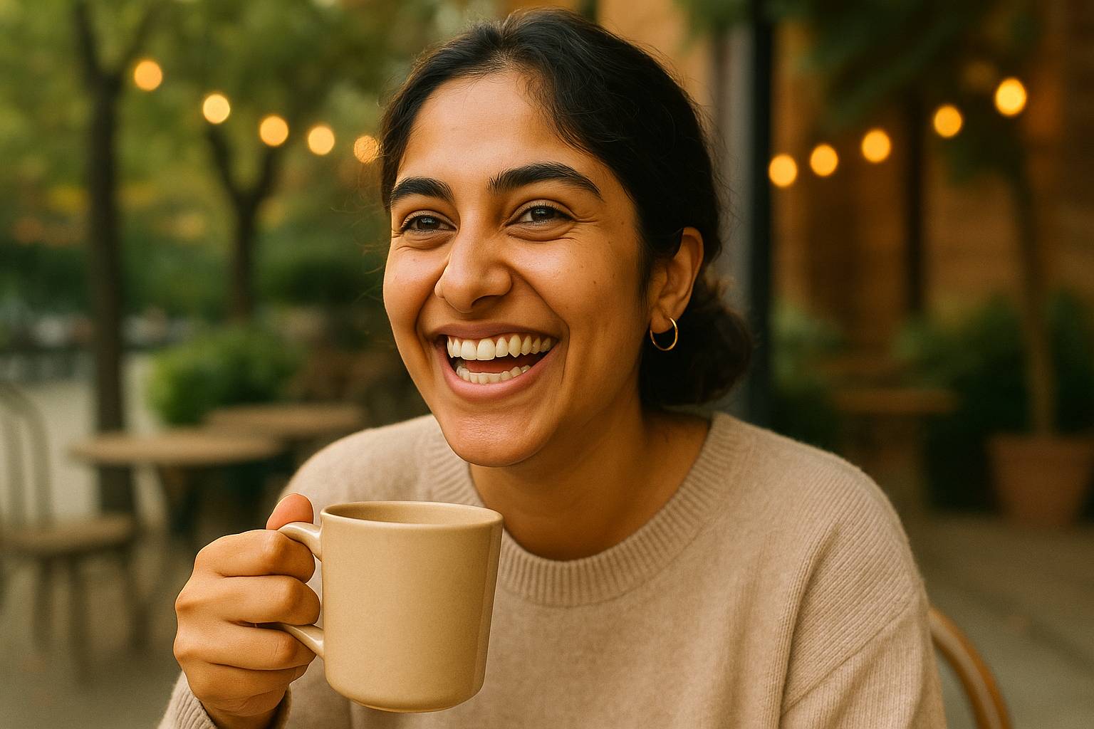 Woman with radiant white smile enjoying coffee outdoors, showing photo-ready results after using the Fave Lewk Smile Kit for at-home teeth whitening