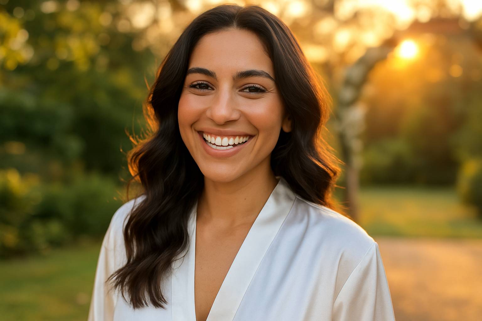 Woman glowing with a radiant smile on her wedding day, showing bright white teeth after using Fave Lewk Smile Kit for 5-day at-home whitening