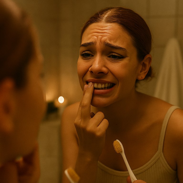 Young woman examining her yellowish teeth in bathroom mirror after a long day, reflecting on her smile — Fave Lewk