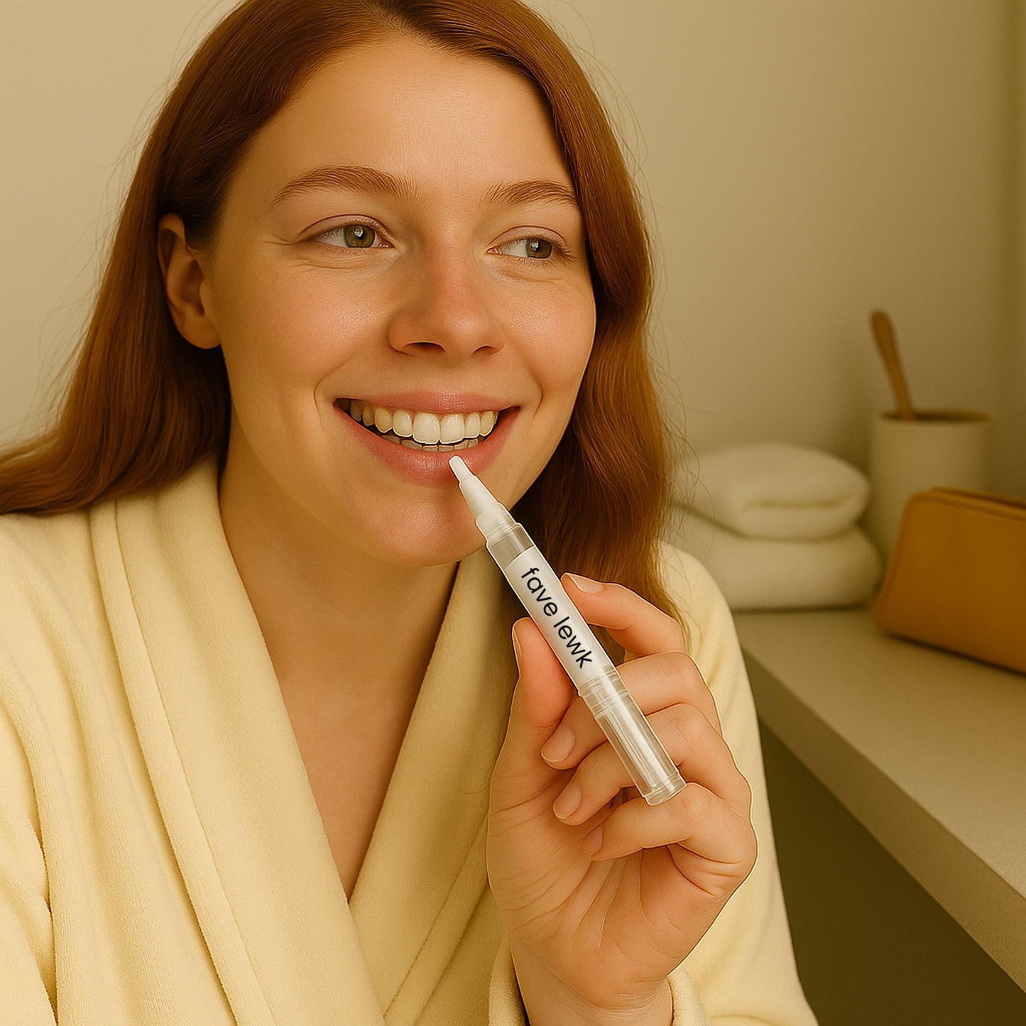 Close-up of woman applying Fave Lewk teeth whitening gel pen during at-home smile care routine