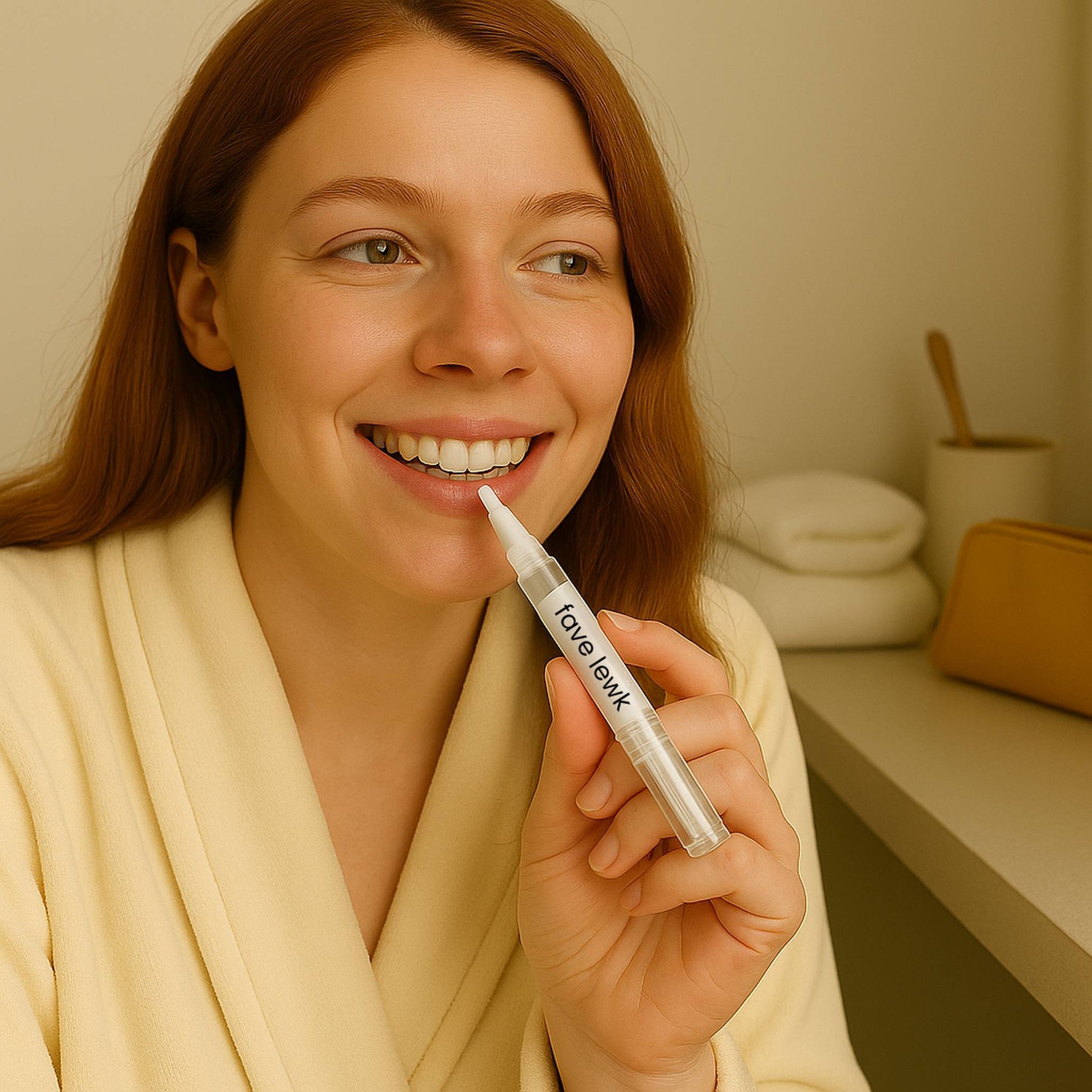 Close-up of woman applying Fave Lewk teeth whitening gel pen during at-home smile care routine