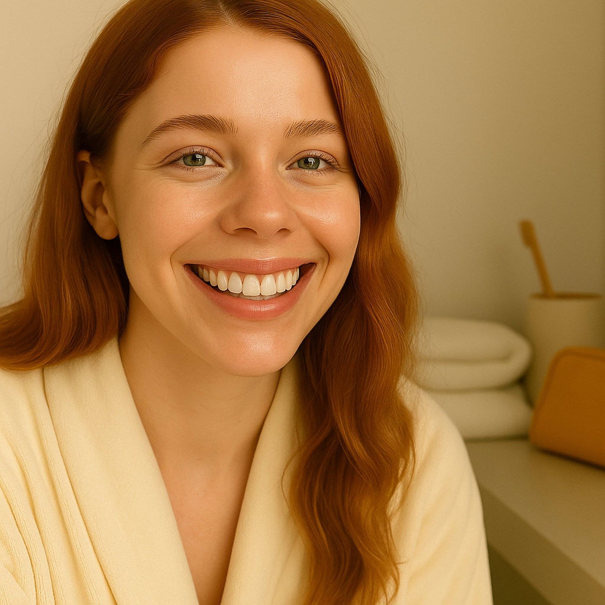 Close-up of smiling woman after using Fave Lewk LED Smile Kit for teeth whitening at home, showing bright white teeth and natural glow