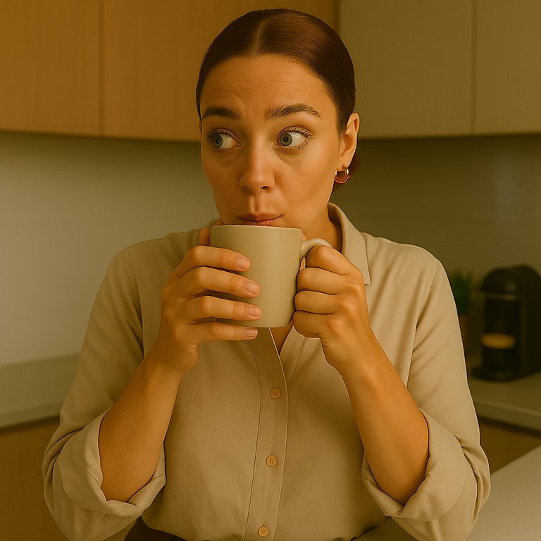 Young woman sipping morning coffee in kitchen, daily habits like tea, coffee, wine, and late nights can lead to yellowing teeth and dull smiles over time — Fave Lewk