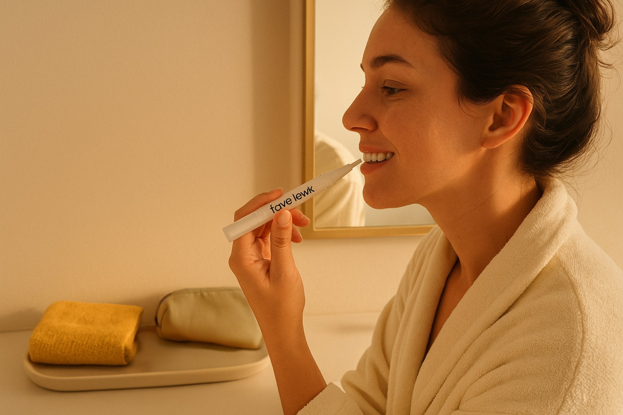 Woman applying Fave Lewk Glow Gel Pen in morning smile care routine